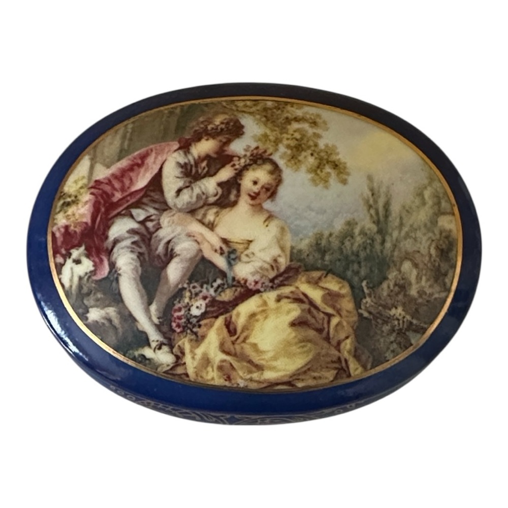 Limoges Vintage Oval Trinket /Pill Box with Romantic Scene Cobalt Blue Porcelain